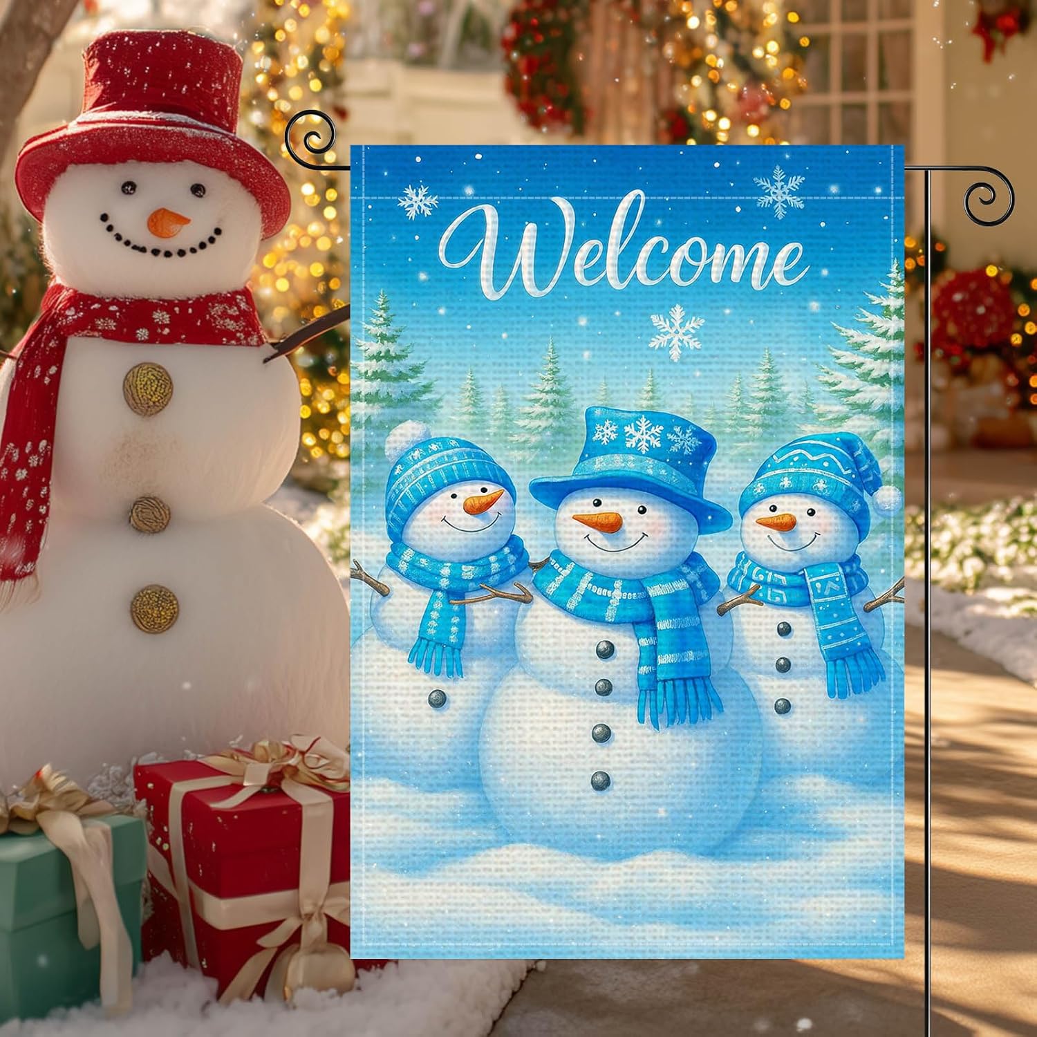 Welcome Christmas Snowman Family Garden Flag Double Sided 12x18 Inch Burlap Winter Garden Flag Blue Hat Seasonal Banner for Indoor and Outdoor Decorations Yard Lawn Decor - Image 6
