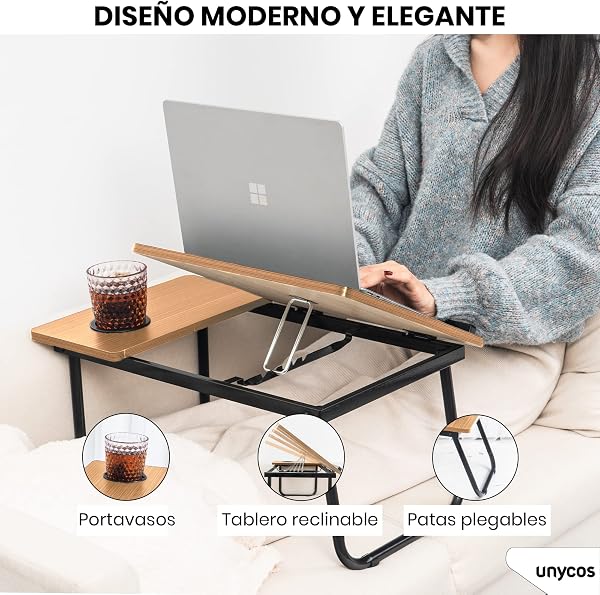 unycos - Bandeja para Cama y Sofá Reclinable, Mesa Plegable de Desayuno con Portavasos para Ordenador Portátil y Libros, Mesita Auxiliar en MDF/Acero/Plástico 56x33x23cm | 22,04" x12,99 x9,05 (Nuez) - 2