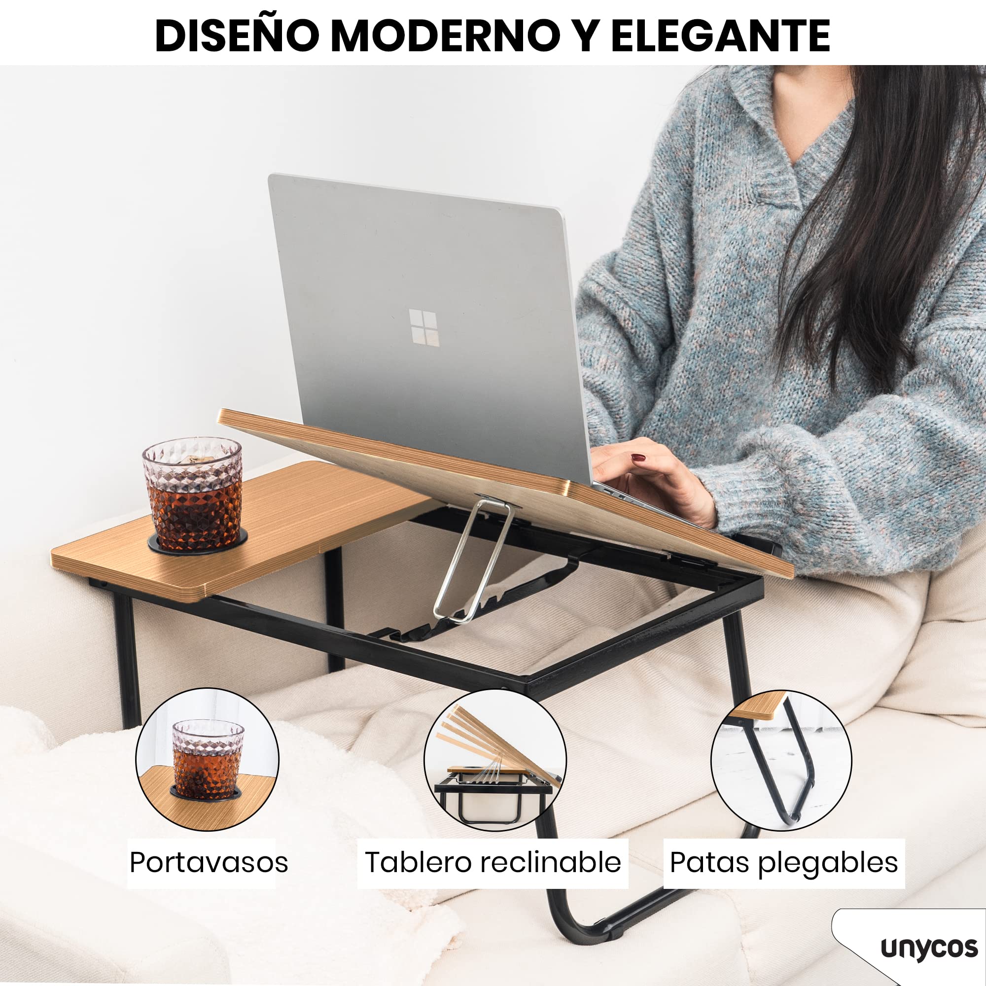 unycos - Bandeja para Cama y Sofá Reclinable, Mesa Plegable de Desayuno con Portavasos para Ordenador Portátil y Libros, Mesita Auxiliar en MDF/Acero/Plástico 56x33x23cm | 22,04" x12,99 x9,05 (Nuez) — view 2