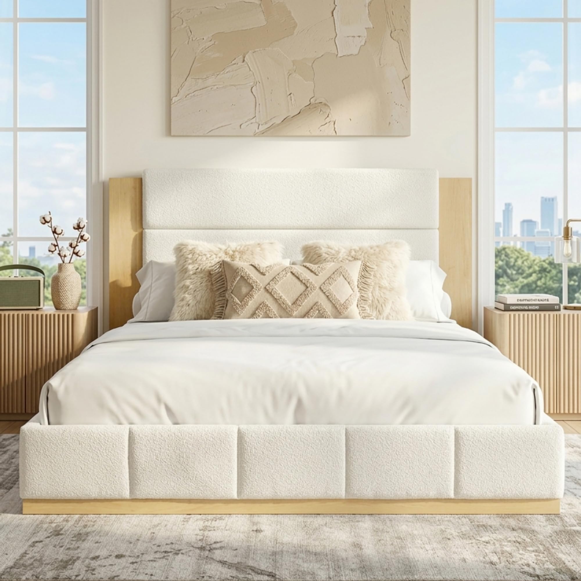 Photo 1 of Merax Mordern Boucle Upholstered Platform Bed with High Headboard King Size, Floor Tufted Wooden Bed Frame, No Box Spring Needed/Easy Assemble, White