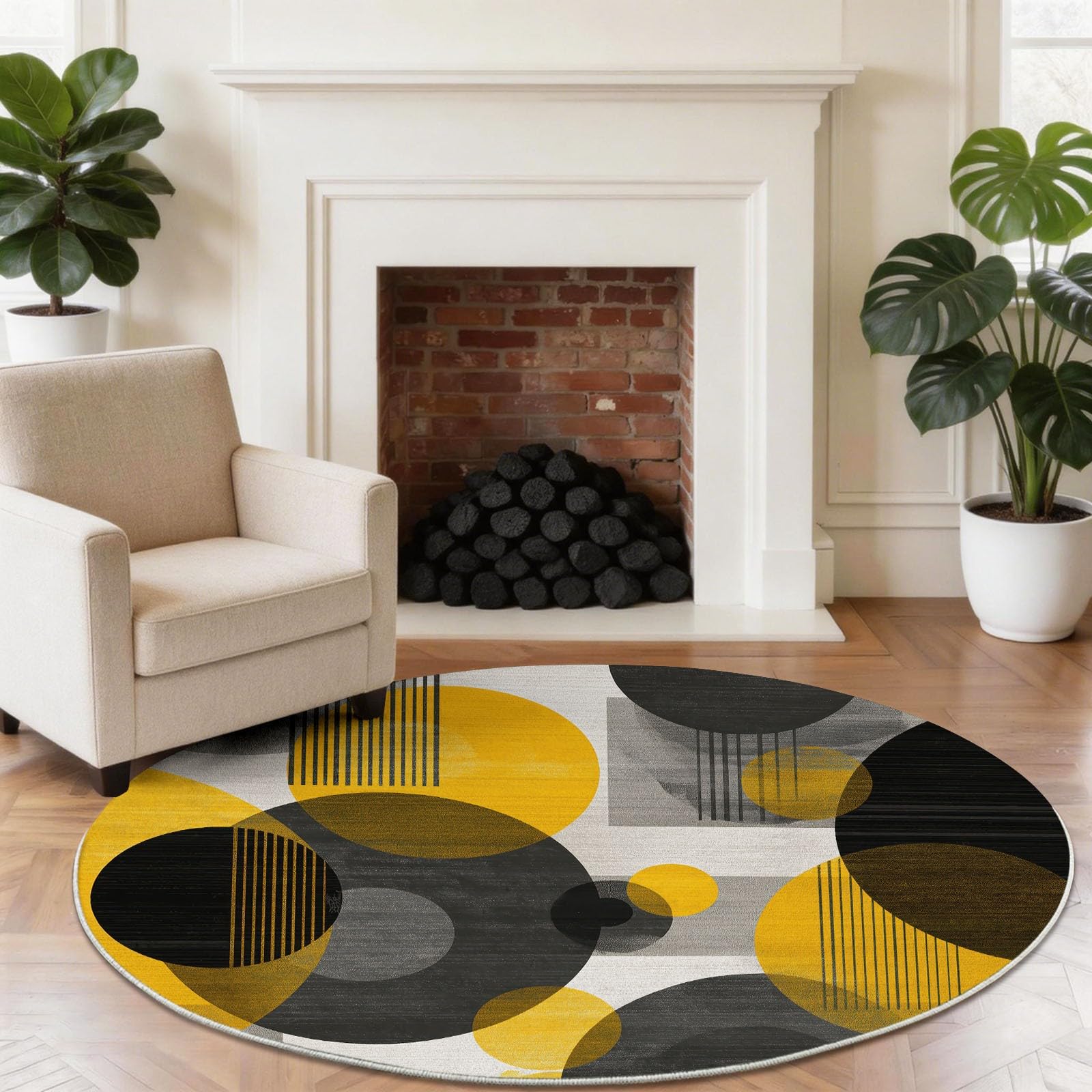 Lavabile In Lavatrice Moderno Astratto Cerchio Tappeto Rotondo 120 cm Morbido E Confortevole Pelo Corto In Flanella Tappetino Antiscivolo Camera Da Letto Tappeto Da Pavimento Giallo Nero