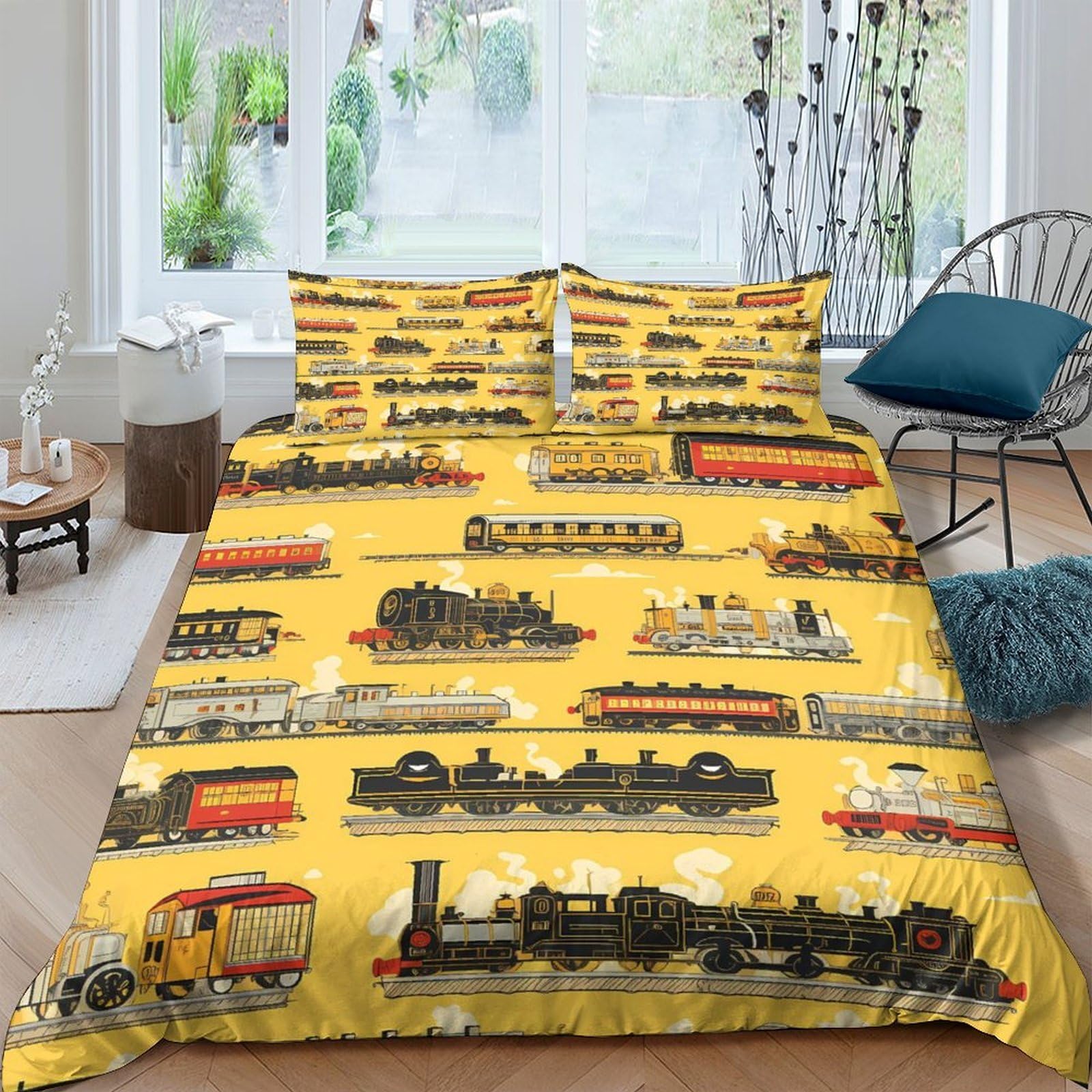 Ctjqhvkz Style-8 3D Printed Vintage Train Fitted Sheet Microfiber Yellow Railway Bed Cover For Bedroom Guest Room Dorm Easy Care Single（135X200cm）