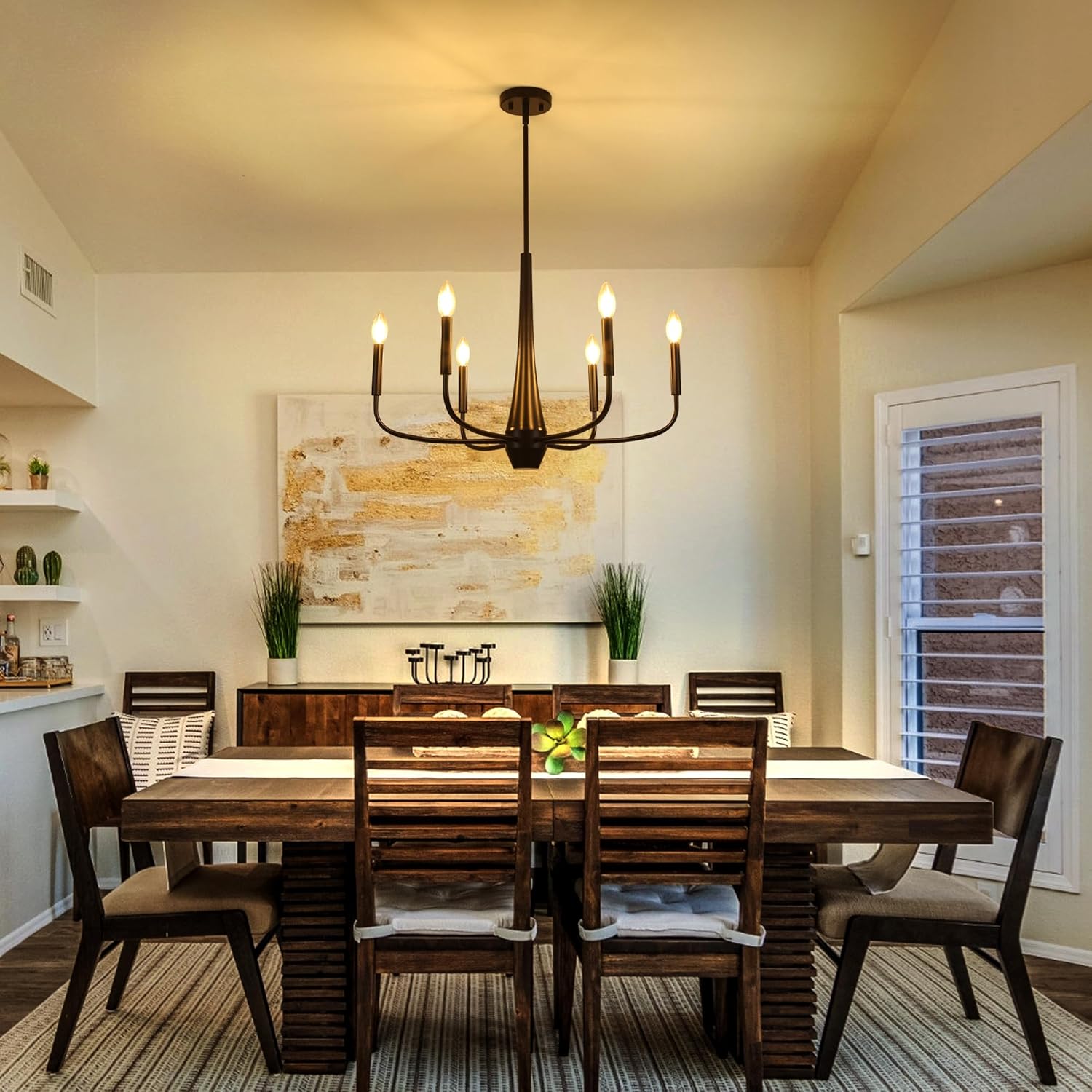6-Light Black Industrial Chandelier, Modern Farmhouse Candle Light Fixture, Contemporary Hanging Light for Dining Room, Kitchen Island, Living Room, Bedroom, Foyer, Entryway