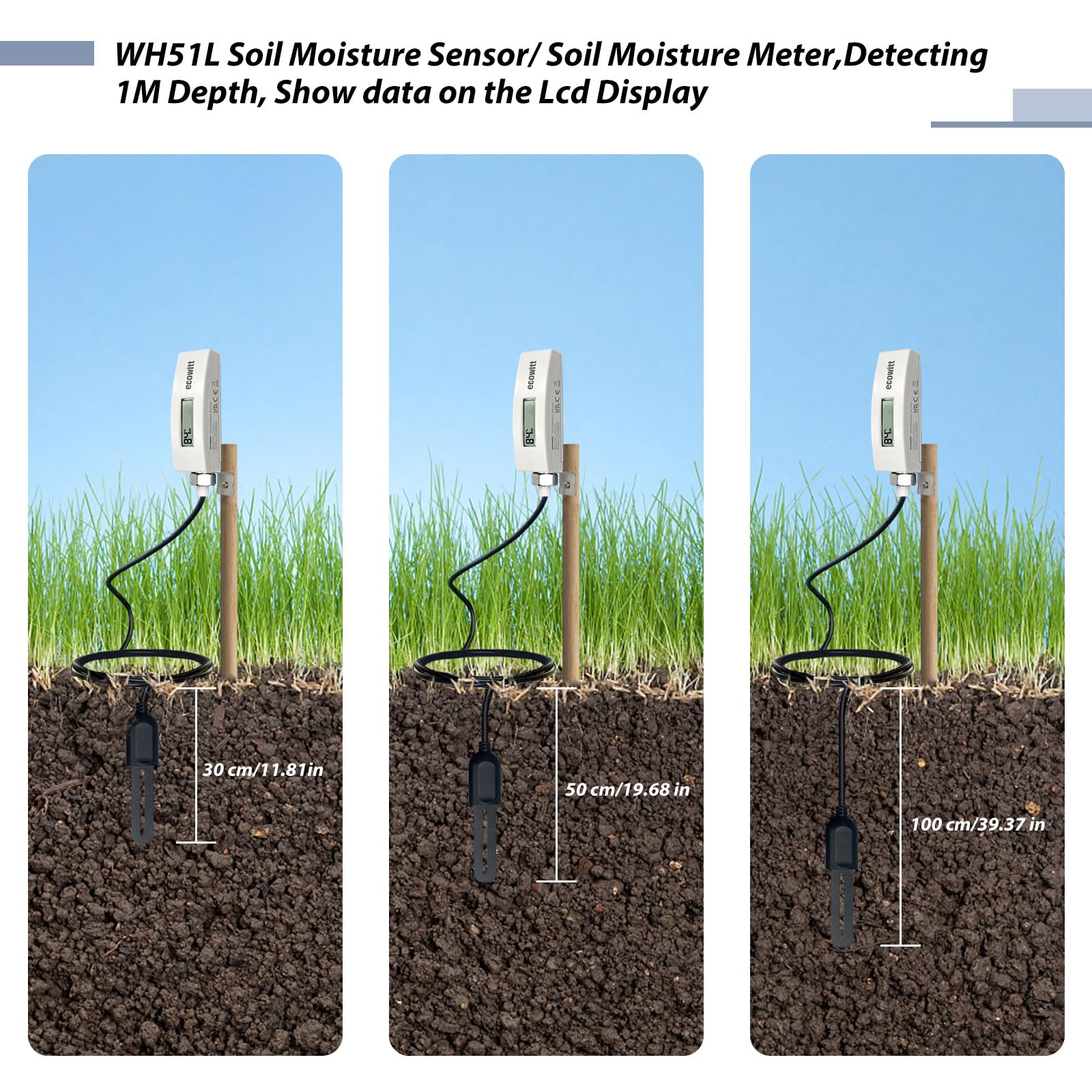 ECOWITT Capteur d'humidité du sol WH51L avec câble de 1 m, moniteur d'humidité des plantes à 8 canaux avec écran LCD, hygromètre de sol extérieur, capteur d'hygromètre de sol intérieur pour maison