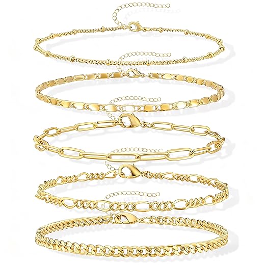 Ankle Bracelets for Women, 14k Gold Plated Jewelry Set Waterproof Layered Cuban Figaro Link Chain Anklets Set Gold Anklets Summer Boho Beach Jewelry Gift Adjustable Size