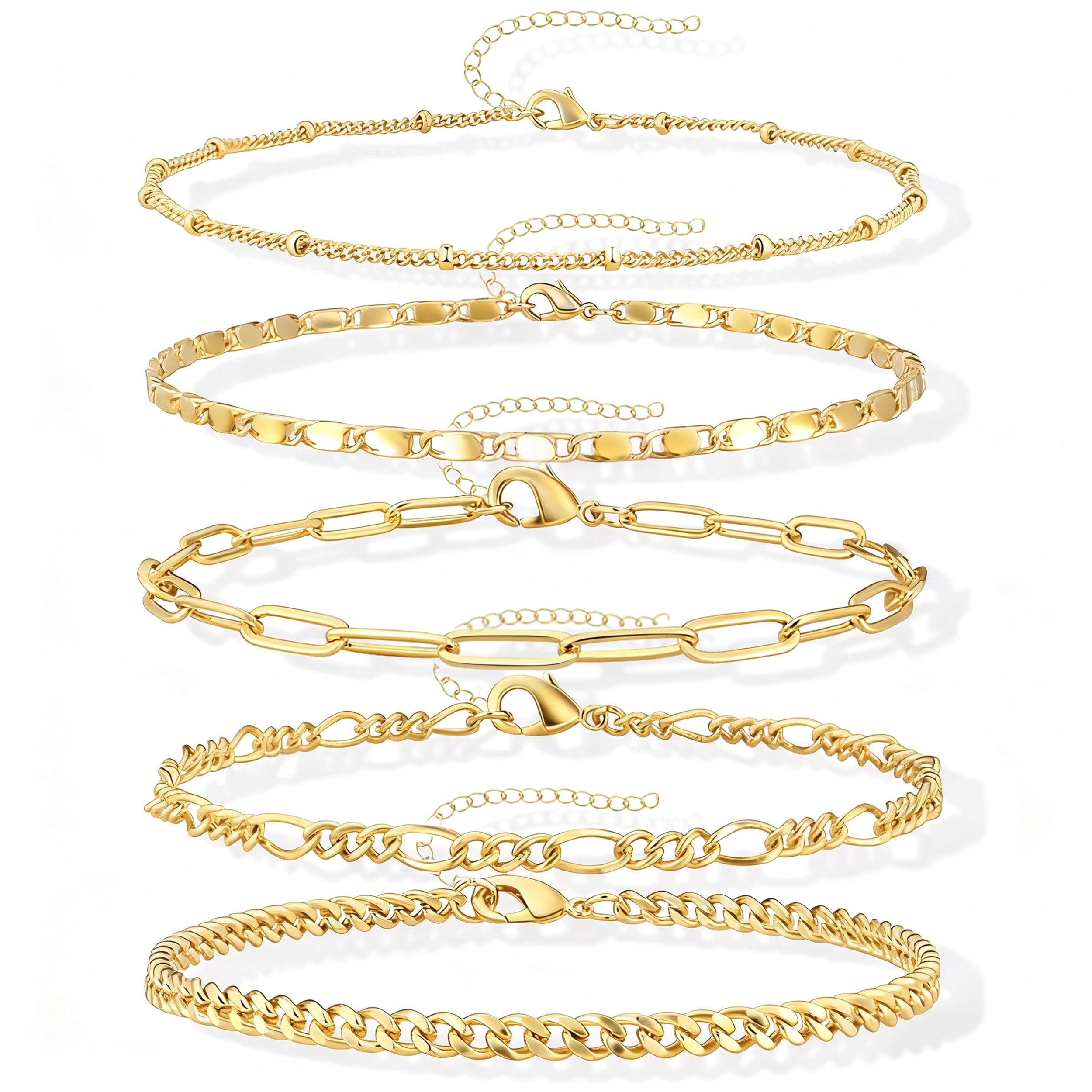 Ankle Bracelets for Women, 14k Gold Plated Jewelry Set Waterproof Layered Cuban Figaro Link Chain Anklets Set Gold Anklets Summer Boho Beach Jewelry Gift Adjustable Size