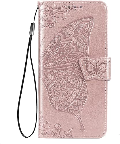 Funda tipo cartera para iPhone 14 Plus, con estampado de mariposas y flores en relieve, funda de cuero tipo cartera con tapa protectora con ranuras