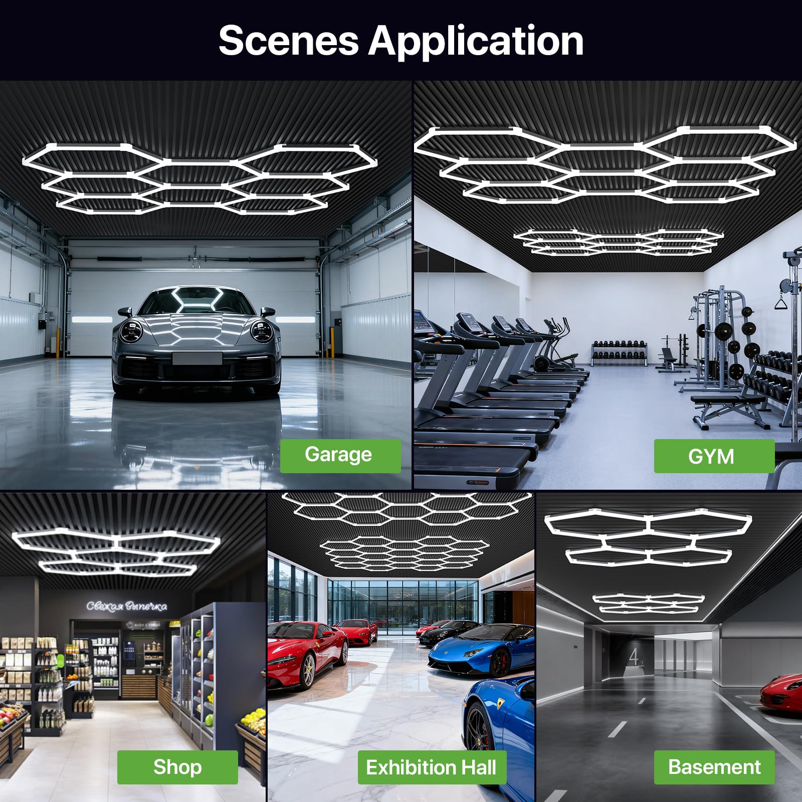 Glitgate Luz LED hexagonal para garaje, 581 W, 63910 lm, sistema de iluminación hexagonal de 22 rejillas, luz de techo ultra brillante de 6500 K para garaje, tienda de detalles de automóviles, taller