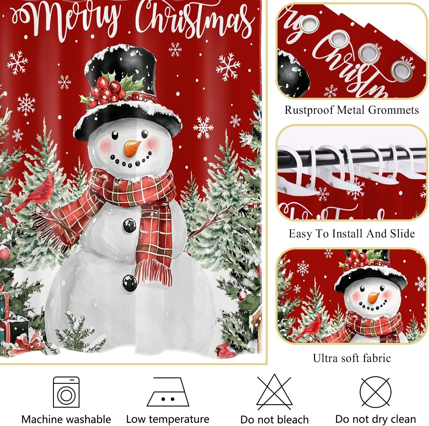 Christmas Shower Curtain Bathroom, Snowman with Plaid Scarf and Pine Tree on Red Background Shower Curtain Set, Winter Holiday Modern Farmhouse Xmas Bathroom Decor Curtain, 72x78 Inch