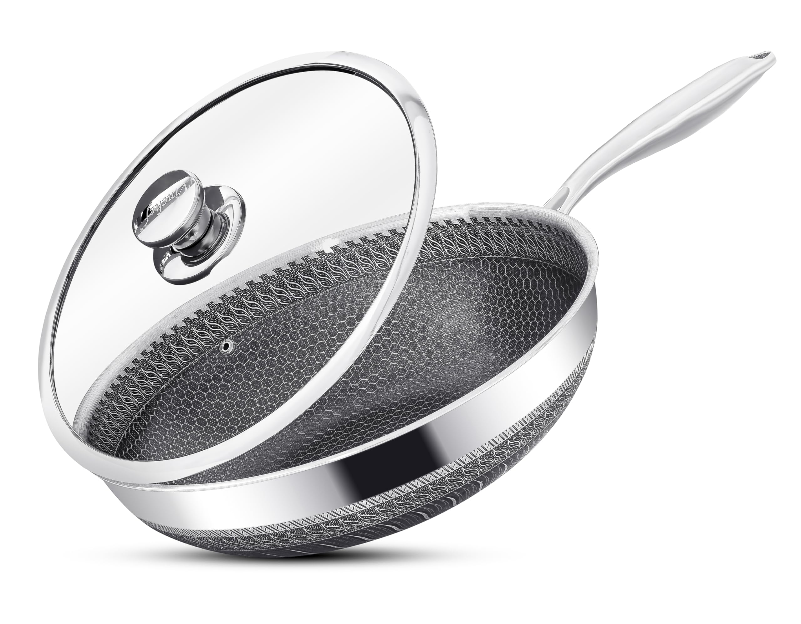 Wok Antiaderente con Coperchio 4.5L / 6L – Extra Profondo, Acciaio Inox, Nido d’Ape, Senza Sostanze Chimiche, Induzione, Gas, Vetroceramica, Manico Freddo, Rivestimento Greblon Tedesco (30 CM)