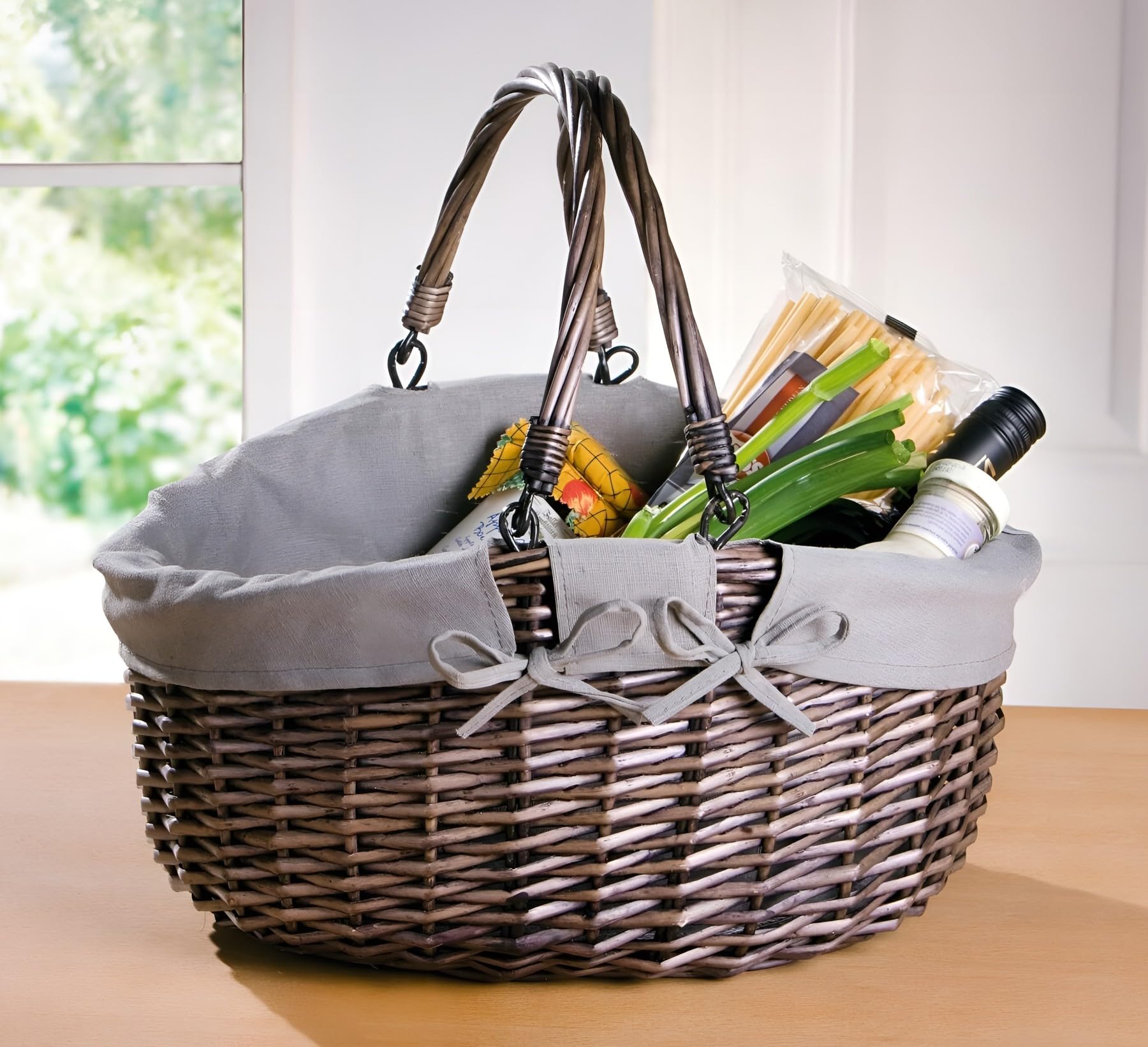 Dekoleidenschaft Einkaufskorb Modern aus Weide geflochten, grau, oval, umlegbare Henkel, stapelbar, SB Korb, Flechtkorb, Ladenkorb, Shopper, Warenkorb, Picknickkorb, Weidenkorb Küche, Haushalt & Wohnen