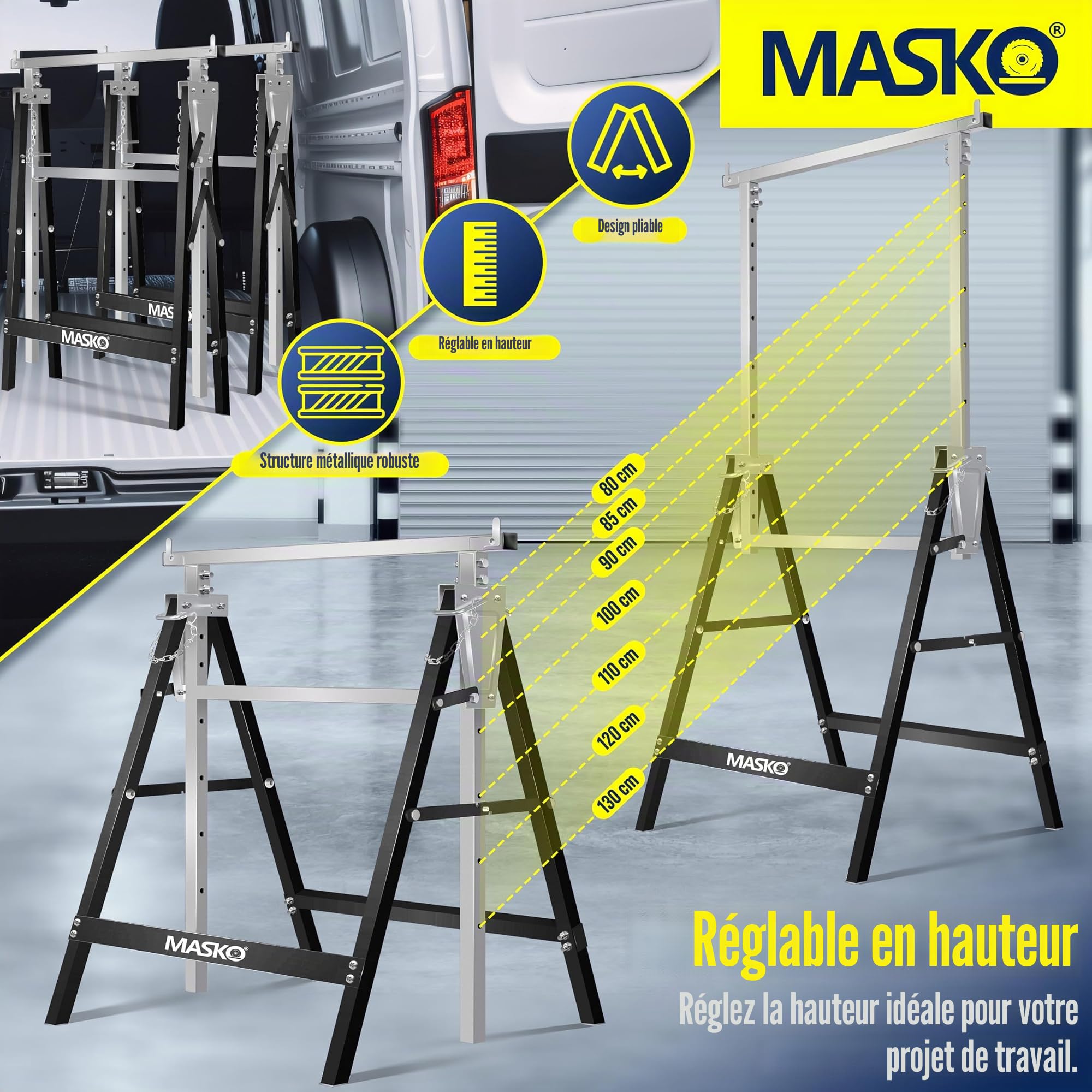 MASKO® Lot de 4 tréteaux de travail télescopiques - Charge maximale : 200 kg - Hauteur de travail min/max : 800-1300 mm - Avec gants - Noir