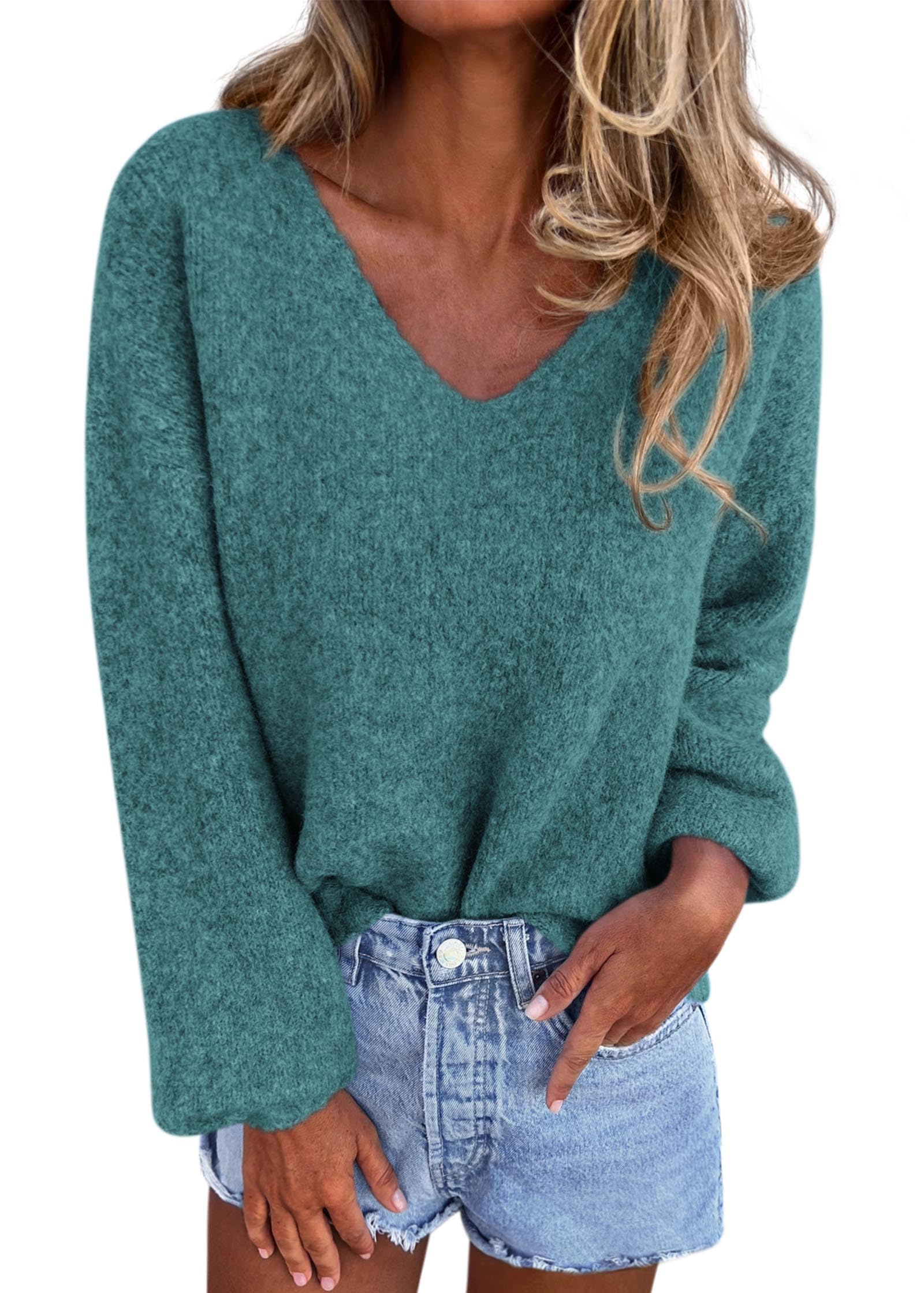 KIRUNDO Womens Oversized V Neck Cozy Fall Knit Sweater(Blue Green, L)