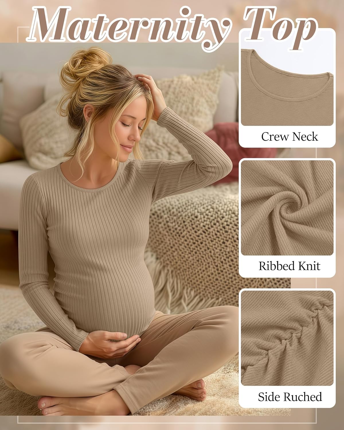 Huukeay 4 Pack Women's Maternity Shirts, Long Sleeve Cotton Ribbed Pregnancy Tops Side Ruched Crew Neck Casual Mama Clothes - Image 5