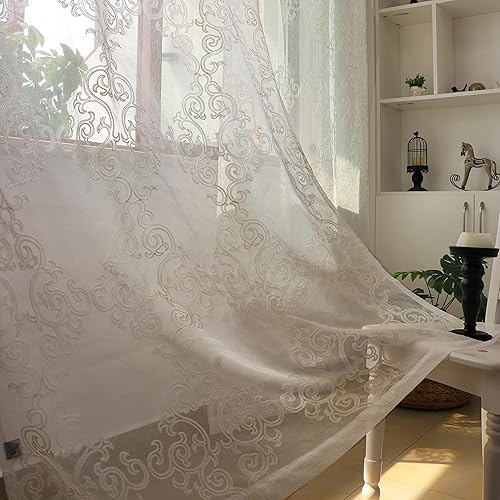 Miniatura 1 de SLOW SOUL 2 paneles de lino sintético bordado blanco con hojas clásicas, cortinas de gasa semitransparente para ventana de dormitorio, sala de