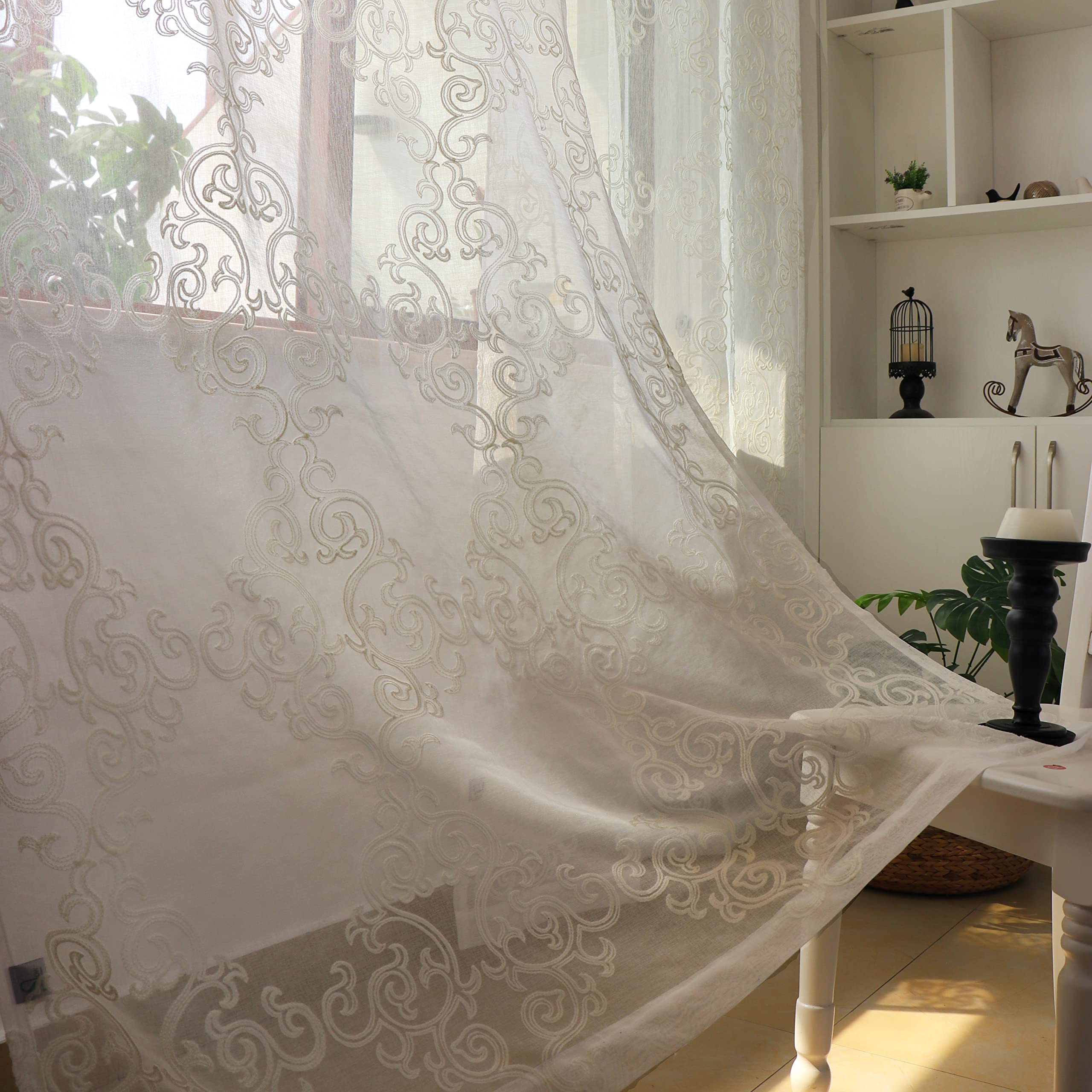 Eleganti tende a doppio strato verde salvia con occhielli in voile bianco ricamato, per camera da letto e soggiorno, 2 pannelli, 132 x 304 cm