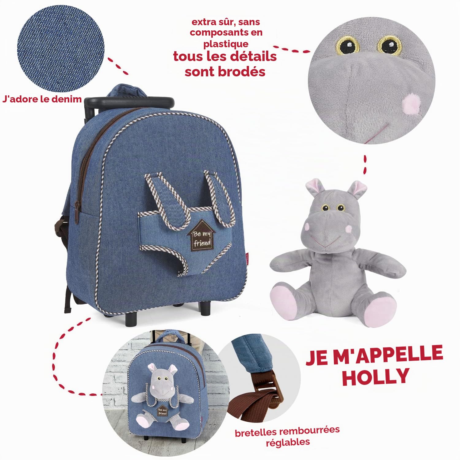 PERLETTI Sac à Roulette Scolaire Maternelle et Peluche Douce pour Enfant 3 4 5 Ans - Mini Sac à Dos avec Roues et Animal Doudou Amovible pour Fille Garçon - Sacoche Garderie avec Jouet - 29x32x11 cm