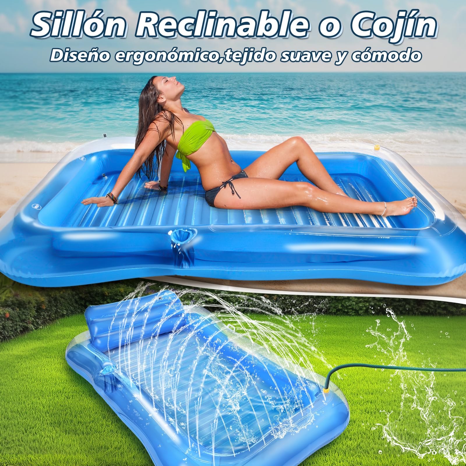 JONRRYIN Colchoneta Piscina Adultos, Flotador Hinchable Tipo Hamaca, Tanning Pool con Reposacabezas, Colchoneta Flotante 200 × 124 cm para Playa Lago Fiestas Verano Juguetes Acuáticos