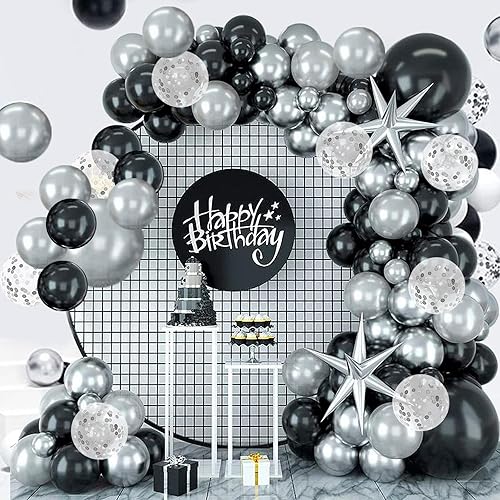 Felice Arts Kit de arco de guirnalda de globos negros y plateados con globos de confeti de látex, globos de estrella de explosión plateada para