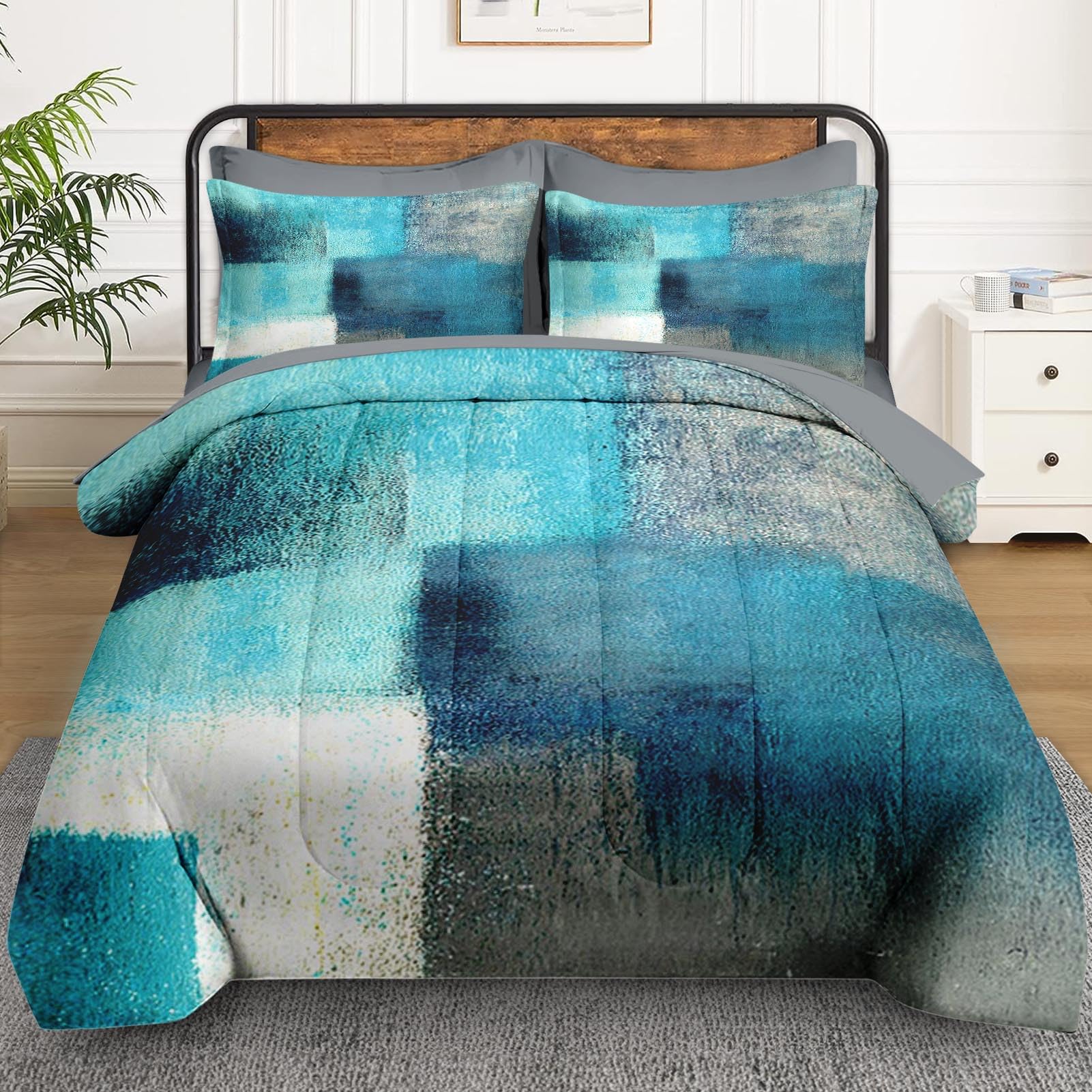 WeCozy 7 Pcs King Size Comforter Set with 2 Pillowcases & 2 Shams, Teal Grey Painting Bedding for Kids and Adults, Contemporary Blue Turquoise Gray Bed in a Bag with Flat Fitted Sheet