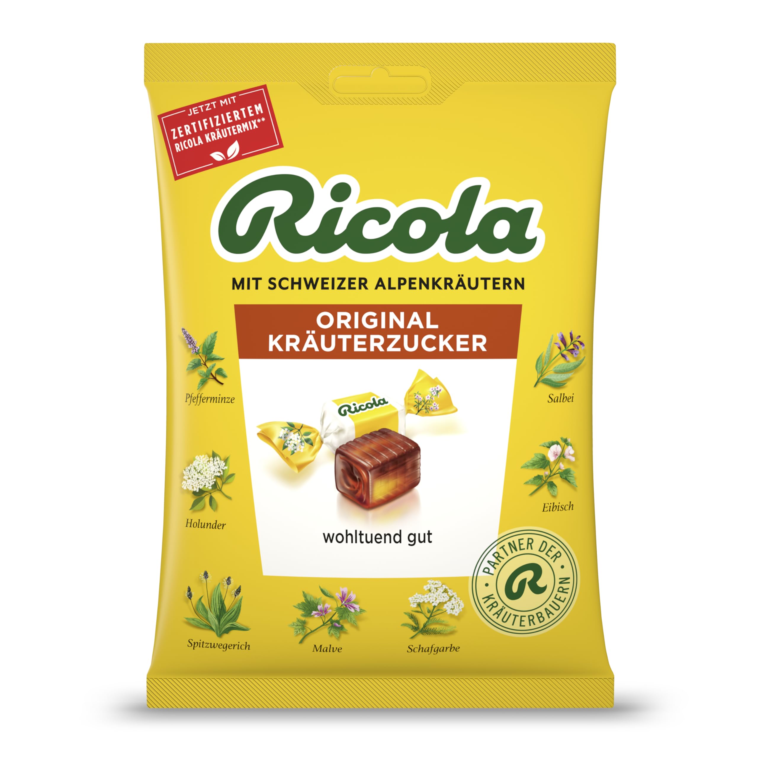 Ricola Original Kräuterzucker, 75g Beutel Original Schweizer Kräuter-Bonbons mit 13 Alpenkräutern & Menthol, 1 x 75g, laktosefrei, glutenfrei