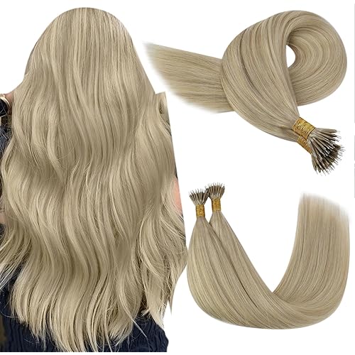 YoungSee Nano Ring Hair Extensions 14 Inch Nano Bead Hair Extensions Human Hair Blonde Highlight with Ash Blonde Nano Tip Hair Extensions Human Hair 50g 50S Nano Links Hair Extensions