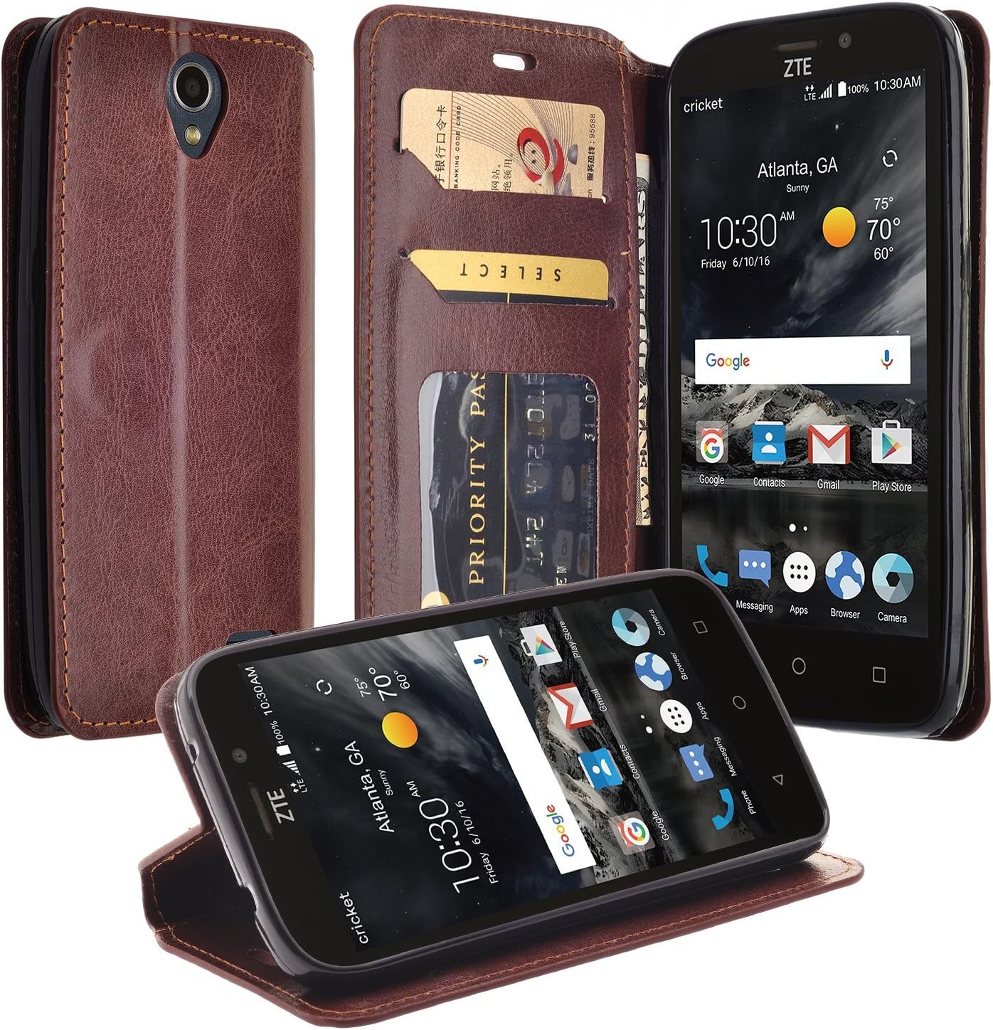 Compatible for ZTE Prestige 2 Case, ZTE ZFive 2 Case, ZTE Midnight Pro Case, ZTE Maven 2, Sonata 3 / Avid Trio / Cheers Flip Folio [Kickstand] Pu Leather Wallet Case with ID&Credit Card Slot - Brown
