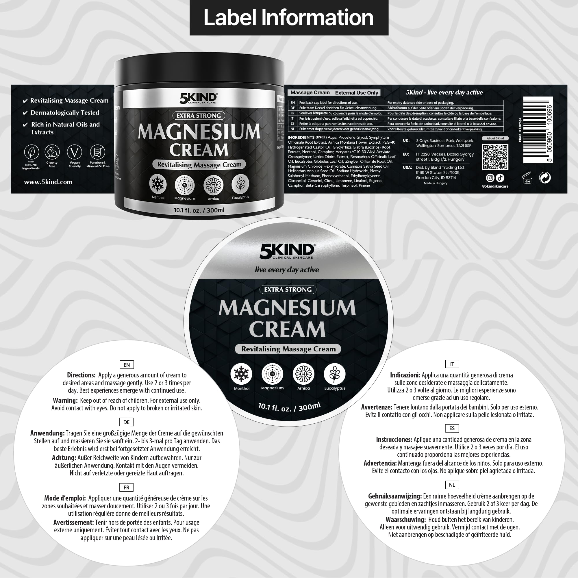 5Kind Crema al Magnesio Extra Forte 300ml - Crema al Magnesio per Muscoli, Articolazioni, Schiena, Ginocchia, Collo, Spalle - Arricchita con Arnica, Eucalipto, Consolida, Mentolo e Olio di Canapa