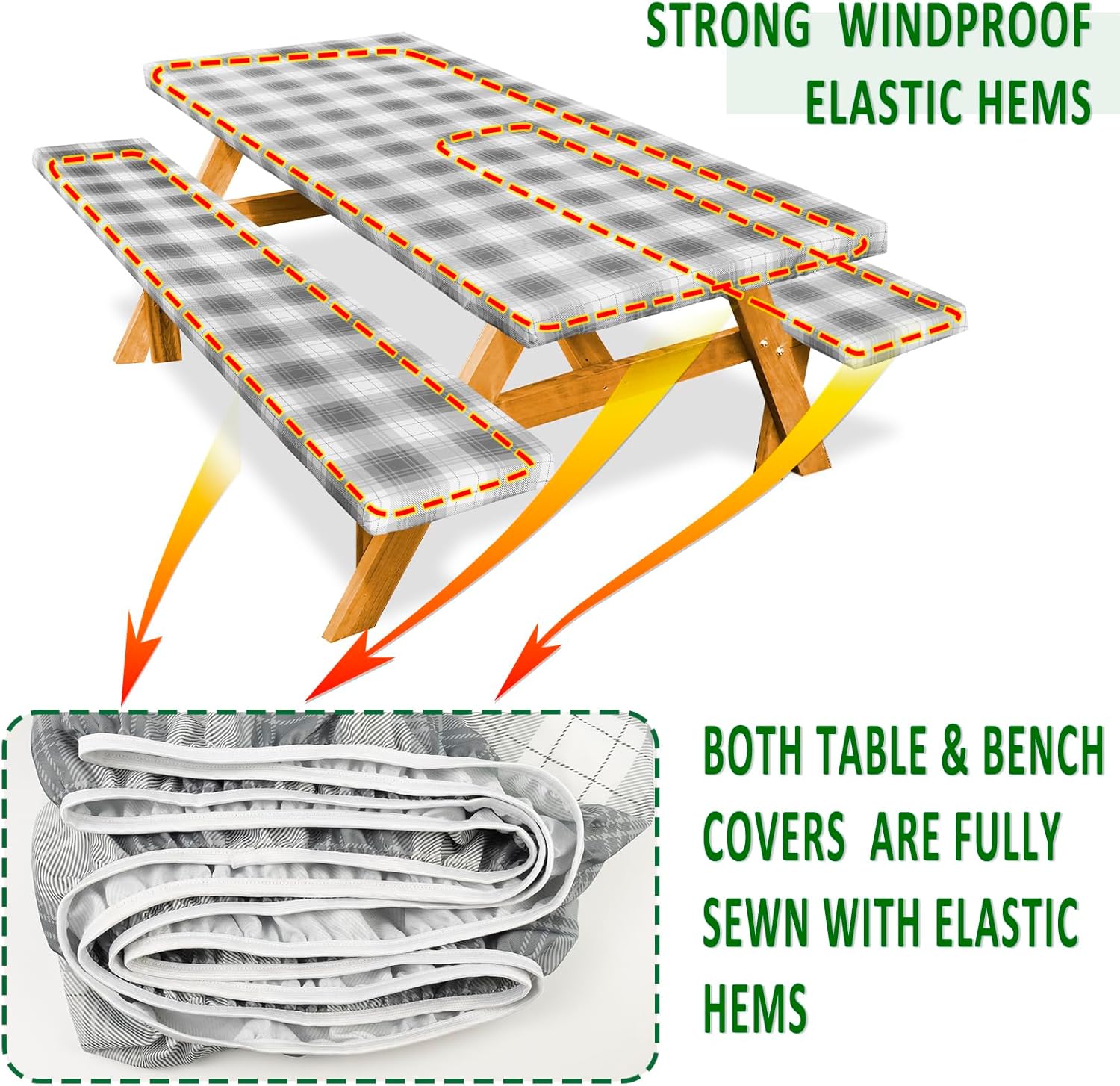 Picnic Table Cover with Bench Covers 72in Camping Essentials Reusable Waterproof Windproof Camping Tablecloth Fitted Rectangle Tables and Seats, Gray Plaid - Image 5