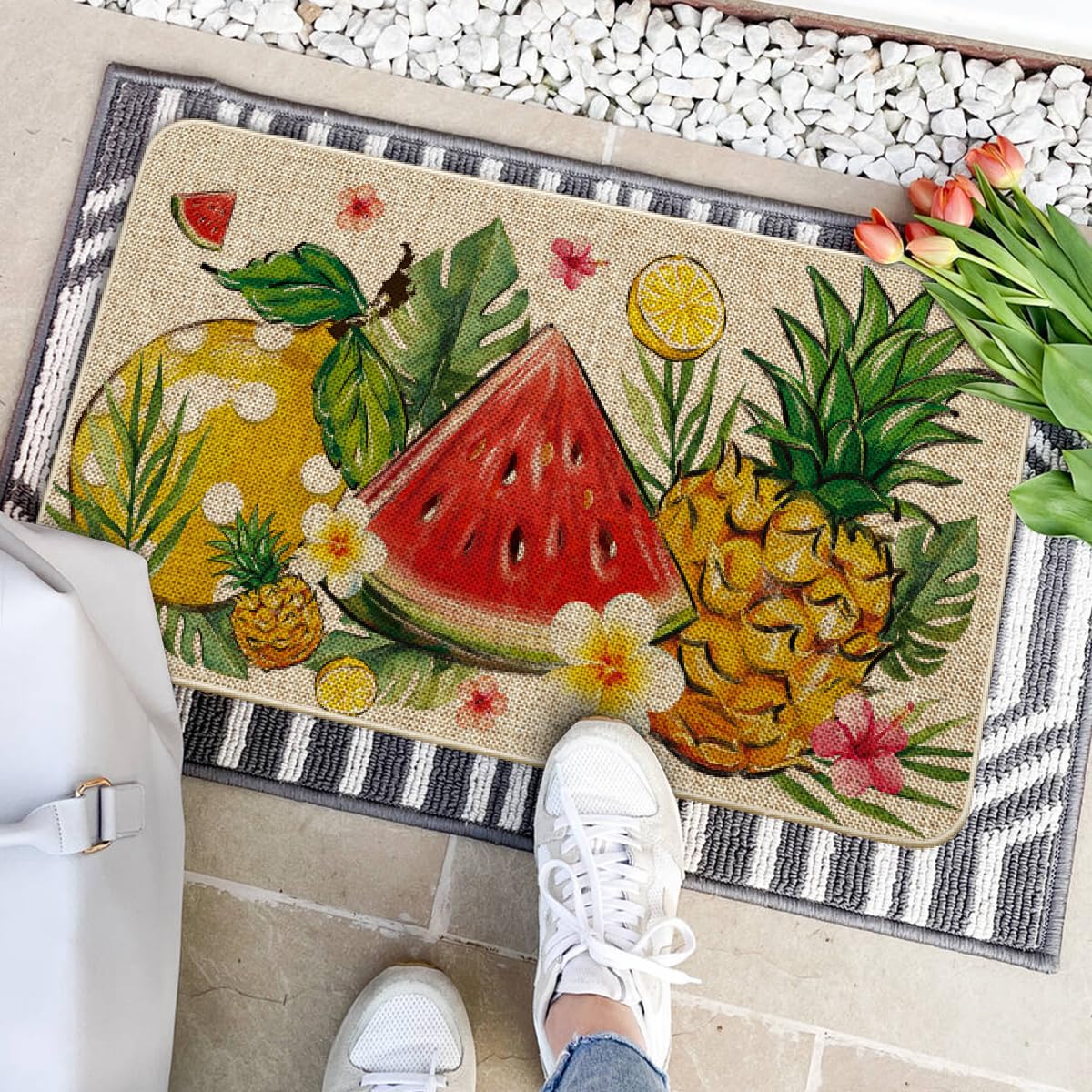 Artoid Mode Lemon Pineapple Watermelon Fruit Summer Doormat, Home Decor Low-Profile Switch Rug Door Mat Floor Mat for Indoor Outdoor 17x29 Inch