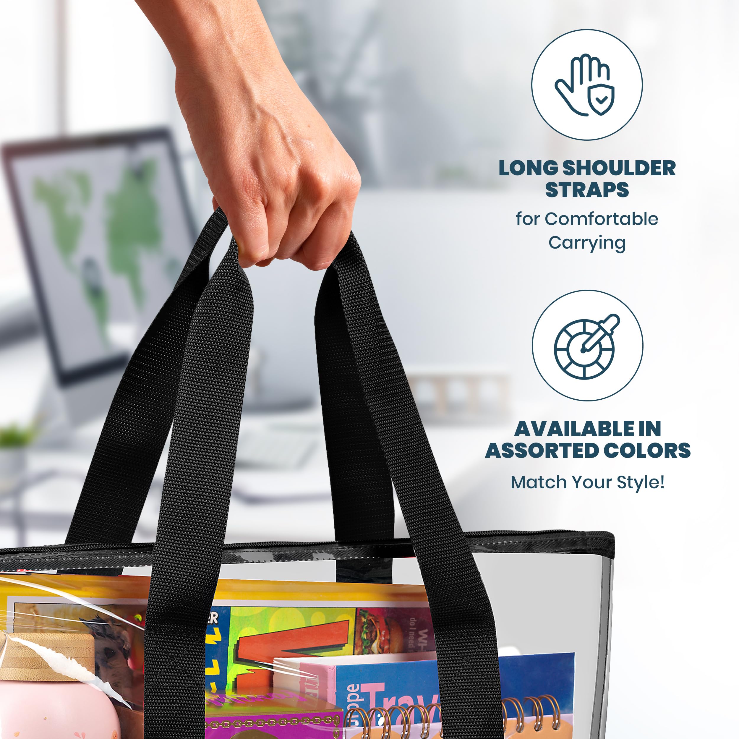 Bolsa de mano transparente, cierre de cremallera, correa de hombro larga, ribete de tela, (negro) 6