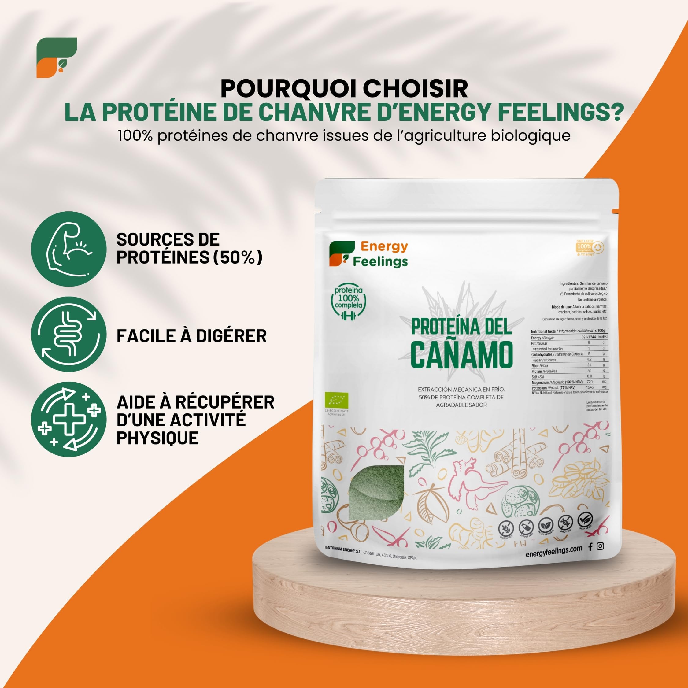 Energy Feelings Protéine Végétale Bio de Chanvre 50% Goût Neutre 1 kg, Poudre de Protéine Vegan pour Musculation, Sans Lactose, Sans Sucres Ajoutés, Vegan Protein Powder