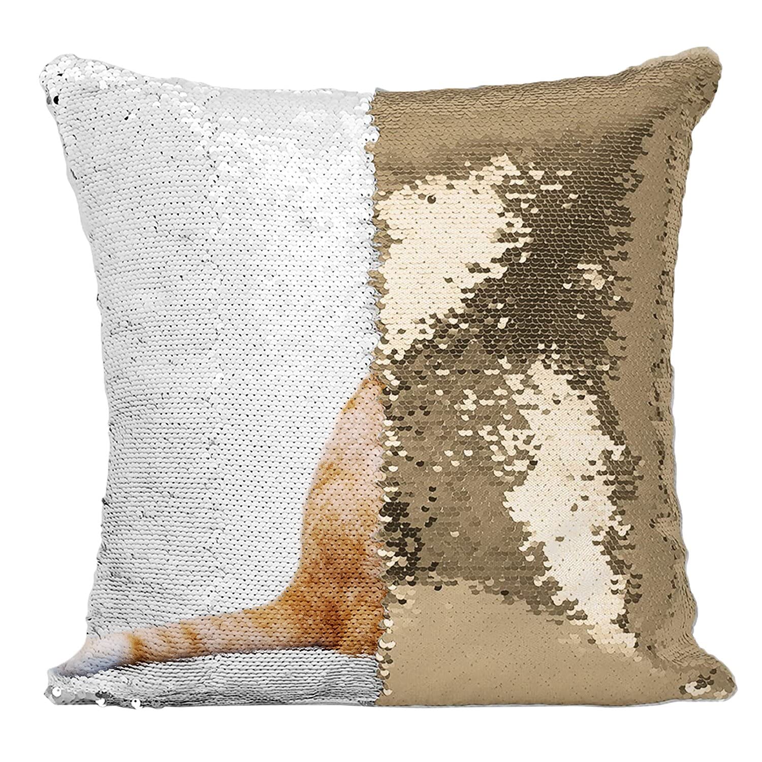 Coussin housse sequin paillettes doré chat roux déco salon