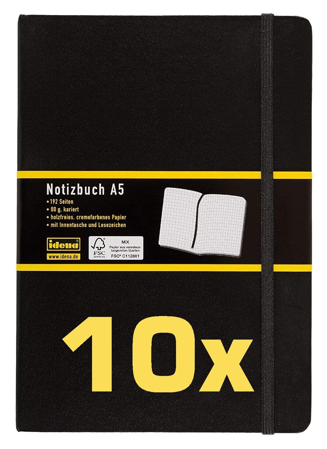 Idena 209281 Notizbuch FSC-Mix, A5, kariert, Papier cremefarben, 96 Blatt, 80 g/m², Hardcover in schwarz (10 Stück, kariert)