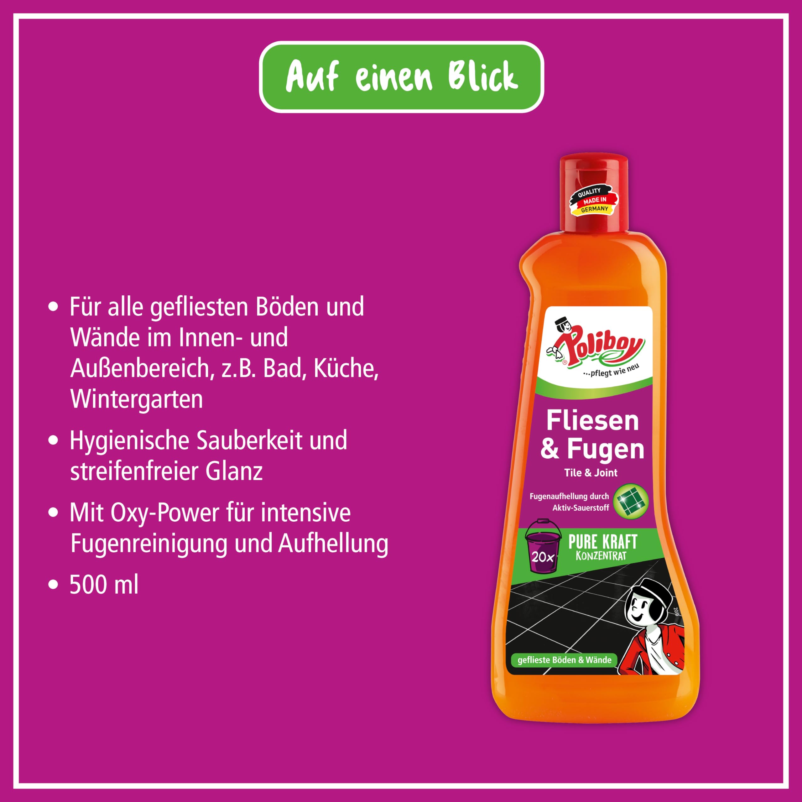 POLIBOY Fliesen & Fugen Reiniger - Bodenreiniger mit Oxy-Power für Fliesen - Wischkonzentrat für innen und außen - 10x 500 ml - Made in Germany