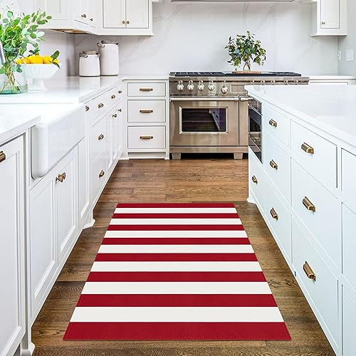 Vista 77 de KILOCOCO Alfombra de rayas beige de 2.3 x 3.6 pies para interiores y exteriores, alfombra tejida a mano de algodón lavable a rayas para puerta Rayas