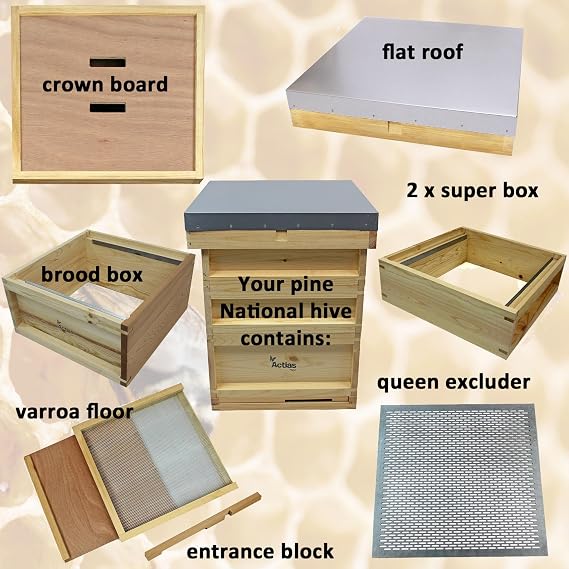 National Beehive – Assembled Pine Hive with 1 Brood Box & 2 Super Boxes – Complete Beekeeping Hive