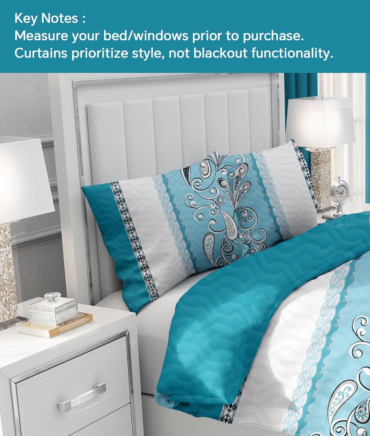 9 Pcs King Bed in A Bag with Curtains | Blue Boho Bedspread, 2 Pillowcases, 2 Print & 4 Solid Curtains | Microfiber, Moisture-Wicking | Bedroom, Hotel | King Size Comforter Set with Curtains