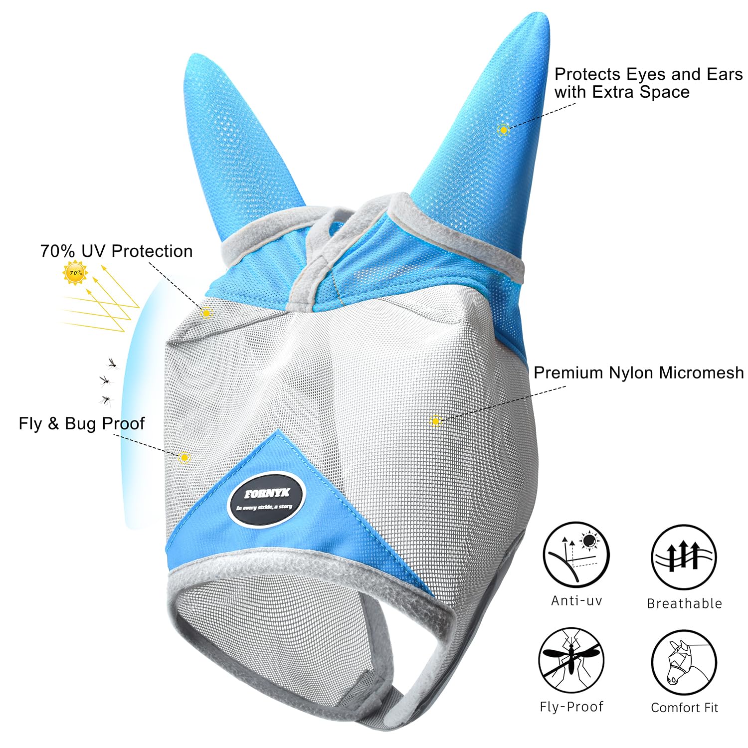 Fornyk Horse Fly Mask, Adjustable Fly Masks for Horses with Ears, Breathable and 70% UV Protection, Comfort Mesh Without Nose Cover, Horses Accessories (Grey, Blue, Large) - image 2