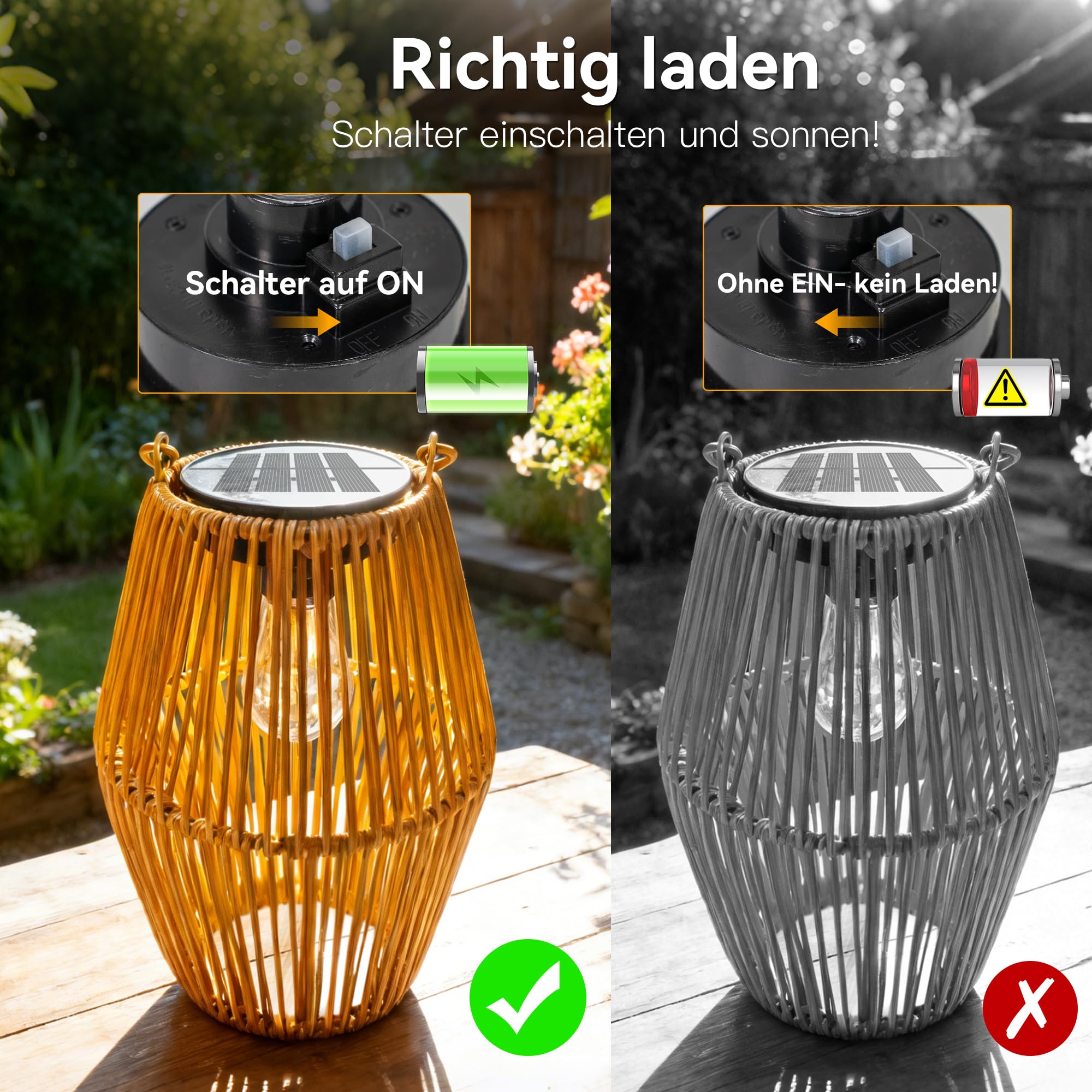 Ollny Solar Laternen für Außen 2 Stück Rattan Boho Hängend Stehend IP44 Wasserdicht Warmweiß