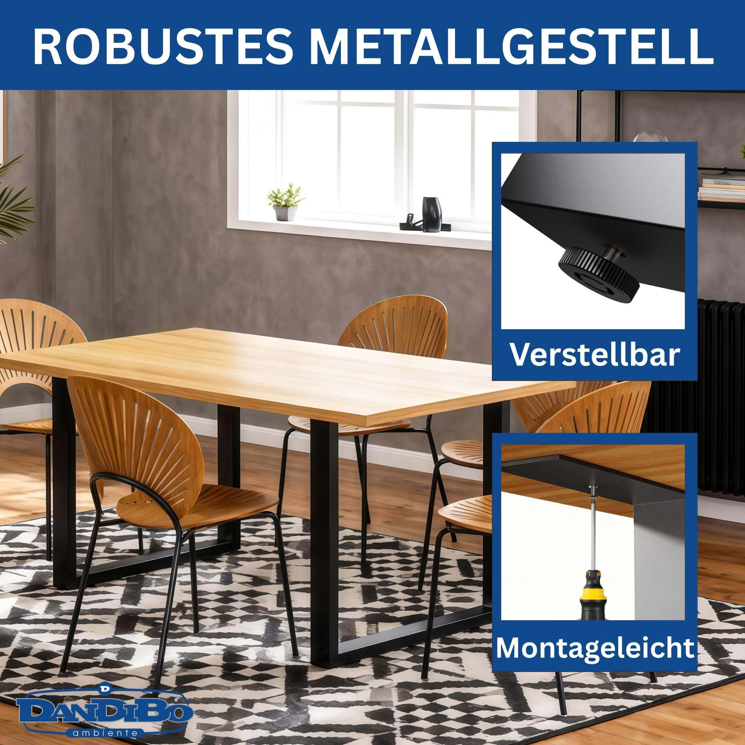 DanDiBo 2 x nogi stołu, metalowe, czarne, 72 x 70 cm, stelaż stołu z regulacją wysokości 96661, nogi do mebli, płozy do stołu jadalnego (72 x 70 cm)