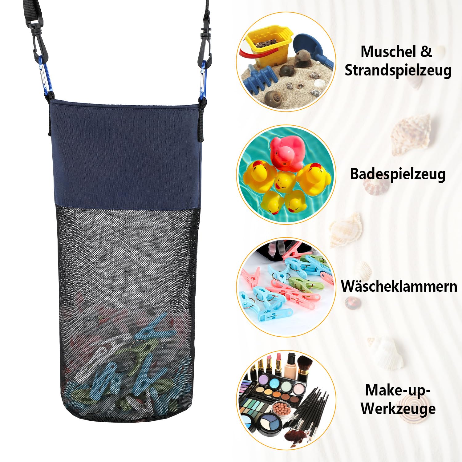 Bolsa para pinzas de la ropa, bolsa de malla para colgar pinzas de la ropa con gancho y correa para el hombro, contiene 500 pinzas de ropa, portátil, bolsa de secado rápido, azul oscuro