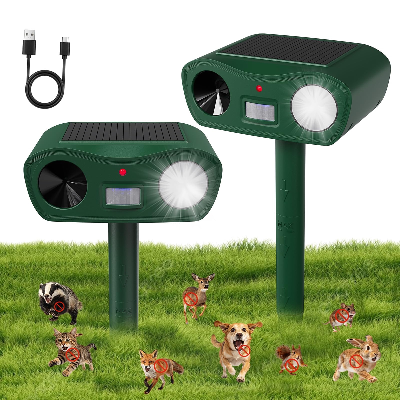 MQJIAZHI 2 Pack Cat Repellent for Gardens UK, Solar & USB Charging Ultrasonic Fox Deterrents with Motion Sensor & Led Flash, IPX4 Waterproof Animal Scarer for Cats Foxes Squirrels Rabbits Dogs