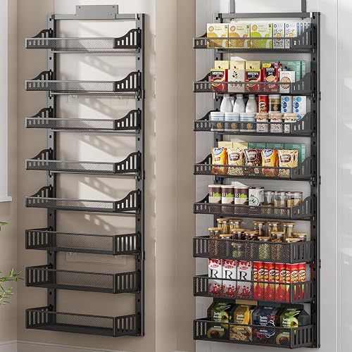 POKIPO 8-Tier Over the Door Pantry Organizer, Adjustable Metal Spice Rack with Wall Mount & Hanging Storage, Black