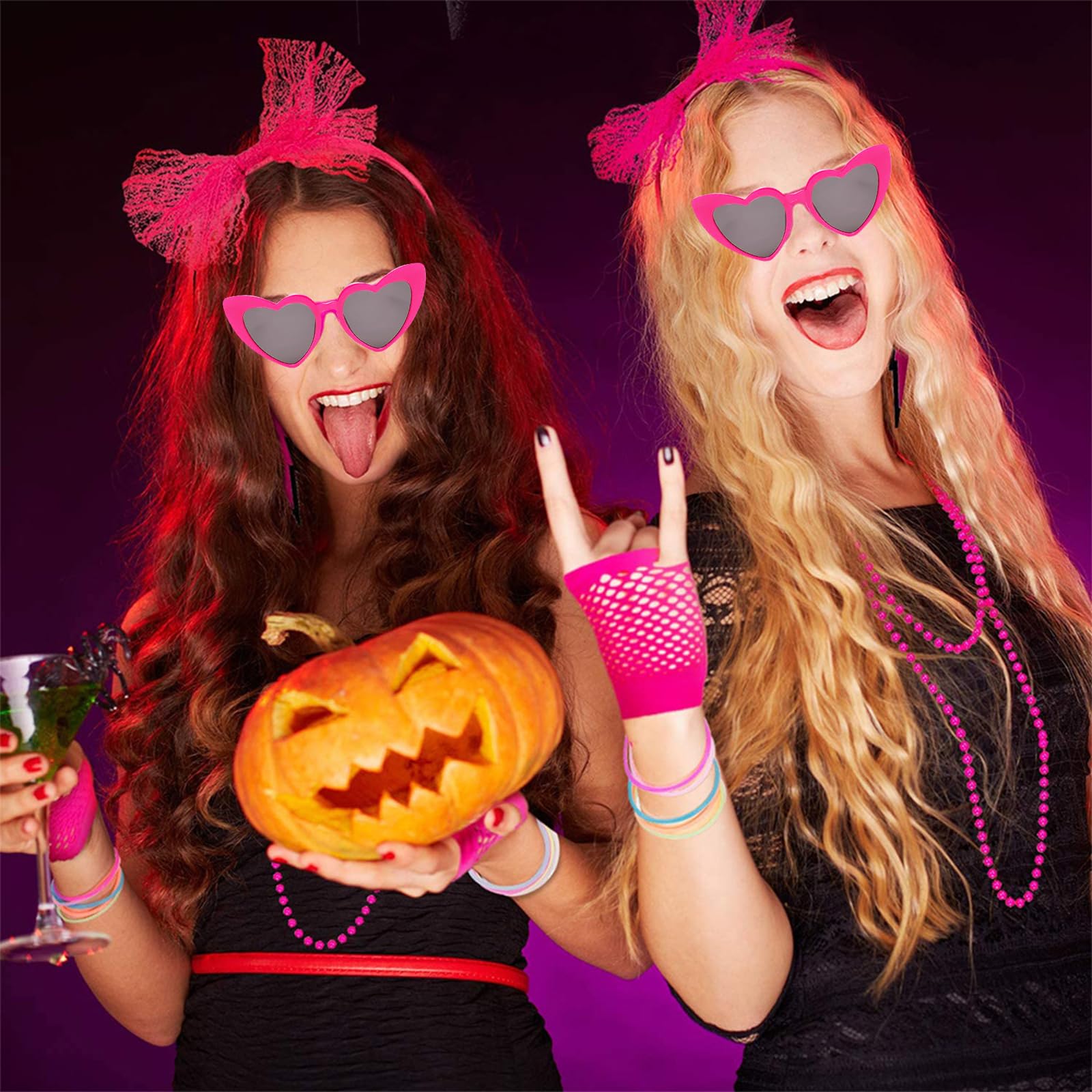 Accesorios Disfraz Años 80 Mujer, Guantes Rejilla Riñonera Gafas Corazón Retro Fiestas Neón Carnaval Halloween Rosa