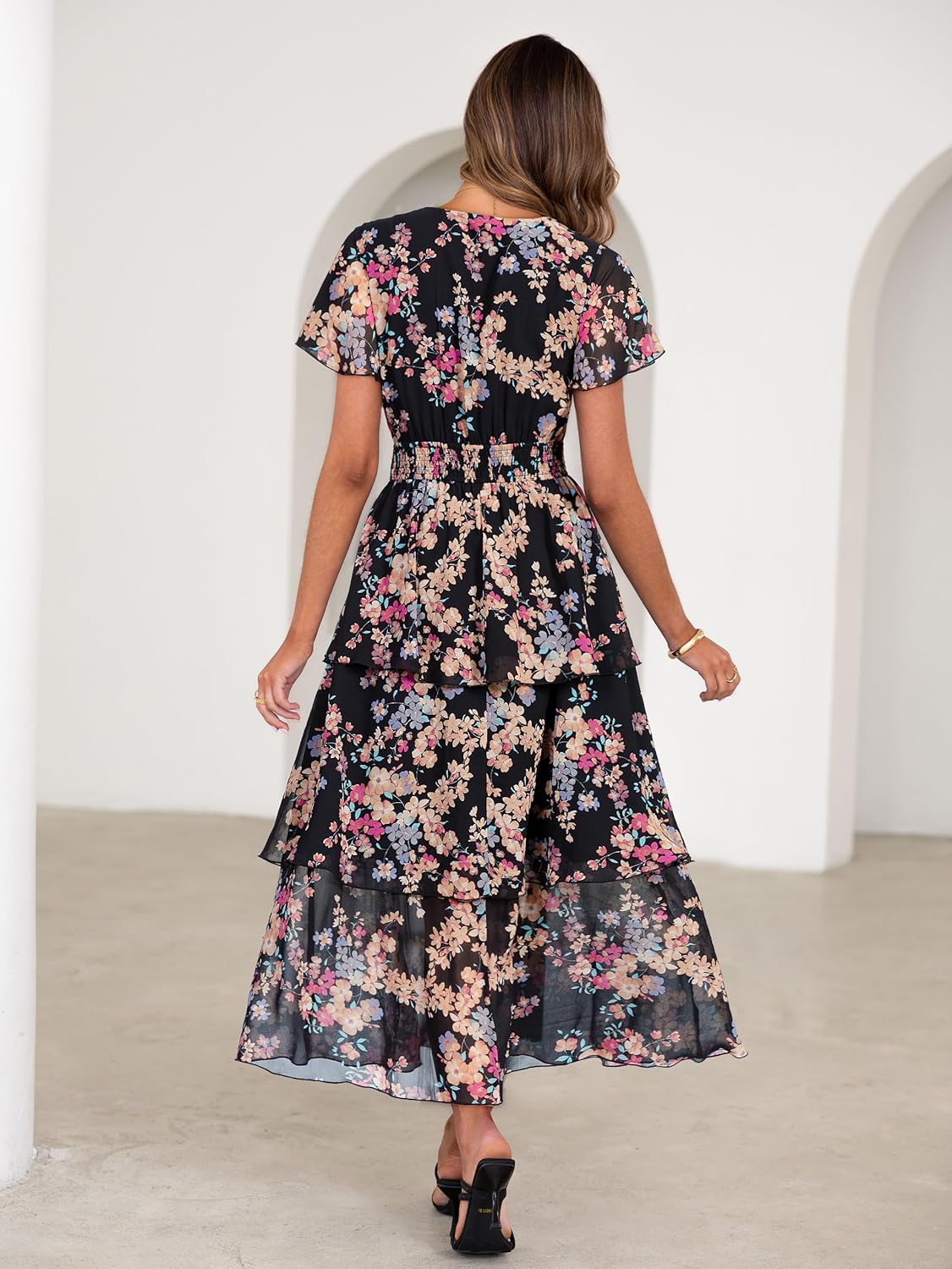 Simplee Women Floral Summer Maxi Dress Boho Flowy Ruffle Tiered Short Sleeves V Neck Long Wedding Guest Dresses - Image 4