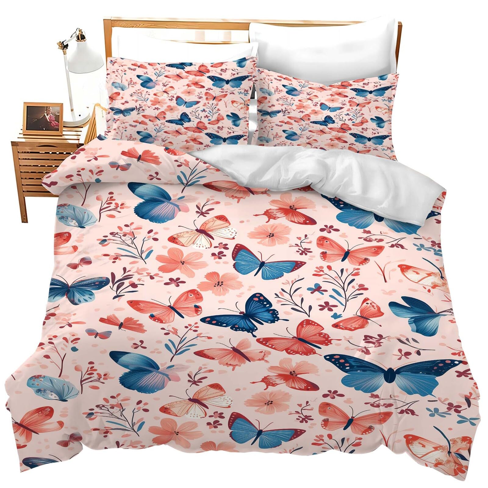 Fuzawet Butterfly King Bedding Set Flower Leaves Pink Home Room Decor 3 Pieces Comforter Set Includes 1 Comforter Cover and 2 Pillow Shams for Kids Girls Adults Women