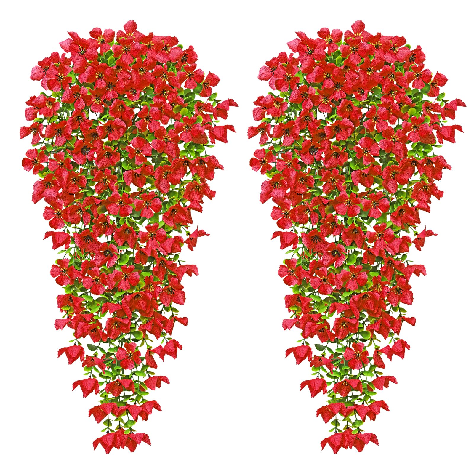 MEIVINES 2PCS Artificial Hanging Flowers 77cm Artificial Hanging Plants Outdoor UV-Resistant Fake Hanging Flowers Bouquet Artificial Flowers for Hanging Baskets Garden Wall Home Decoration (Red)