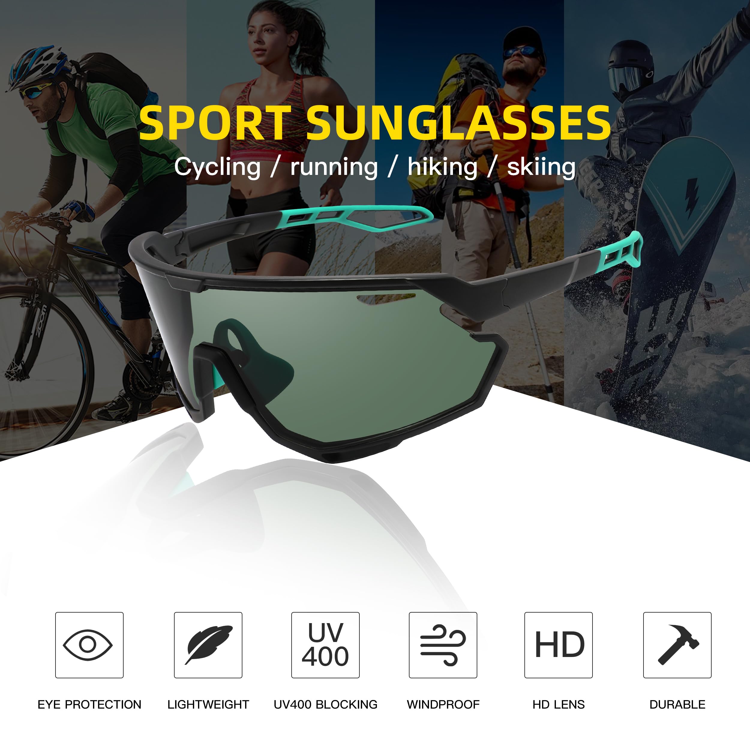 SINSPORT eyewear Occhiali da Ciclismo per Uomo Donna, Occhiali da Sole Sportivi Occhiali MTB per Bici Running Baseball Correre Anti-UV400