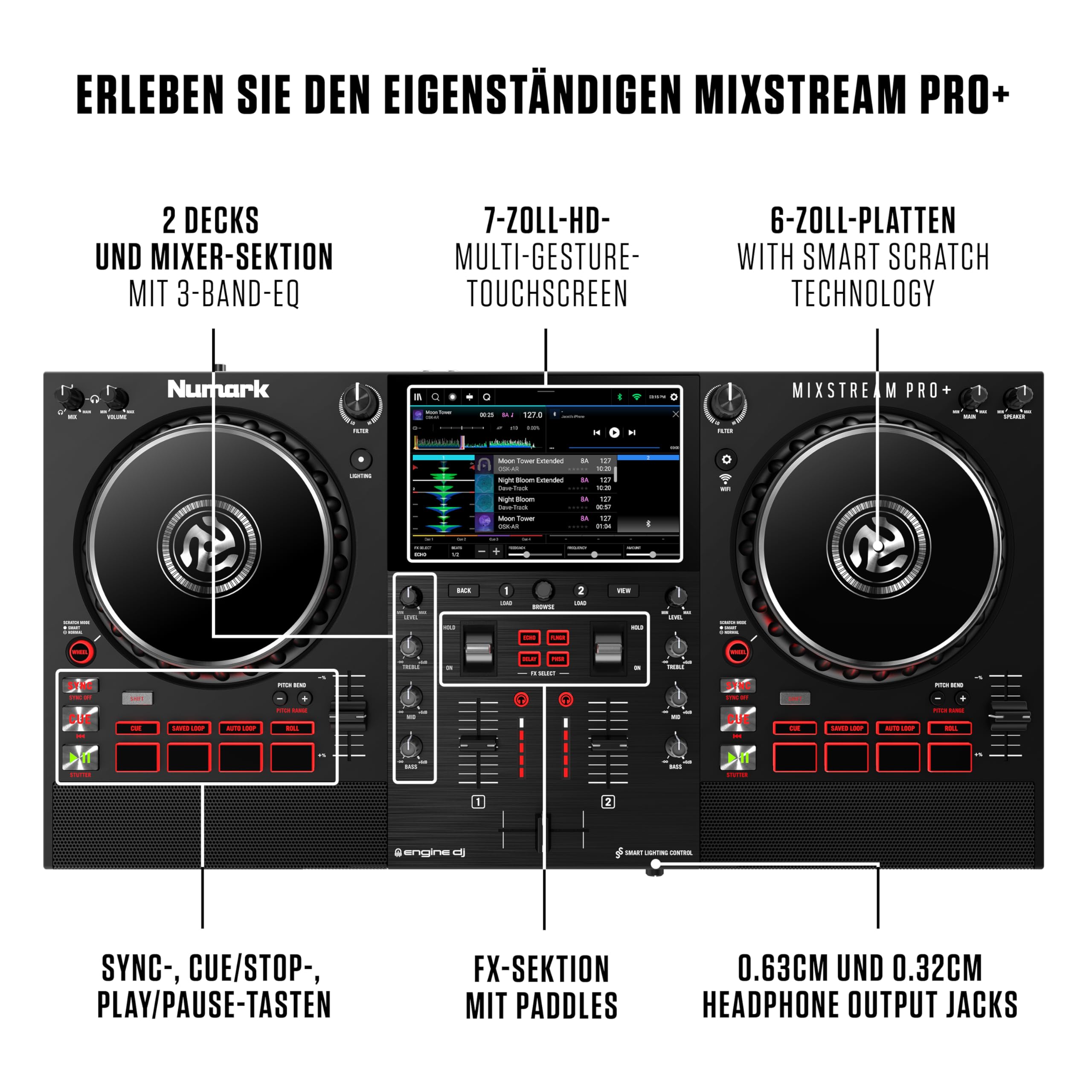 Numark Mixstream Pro+ DJ-Controller mit Stem-Trennung, 2 Decks, WLAN-Streaming, Mixer, 7 Zoll Touchscreen, Lautsprechern, kompatibel mit Serato und Virtual DJ